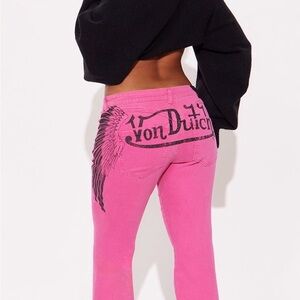 Von Dutch Pink Boot-Cut Jeans with Black Wing Graphic